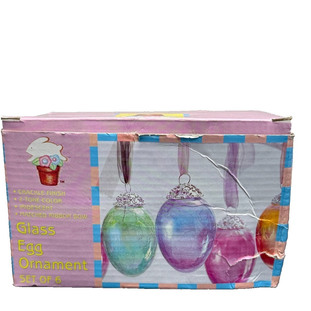 Vintage Spring Easter Crackle Glass Heavy Ornaments- Set of 6 Kugel Style Eggs - Picture 13 of 13